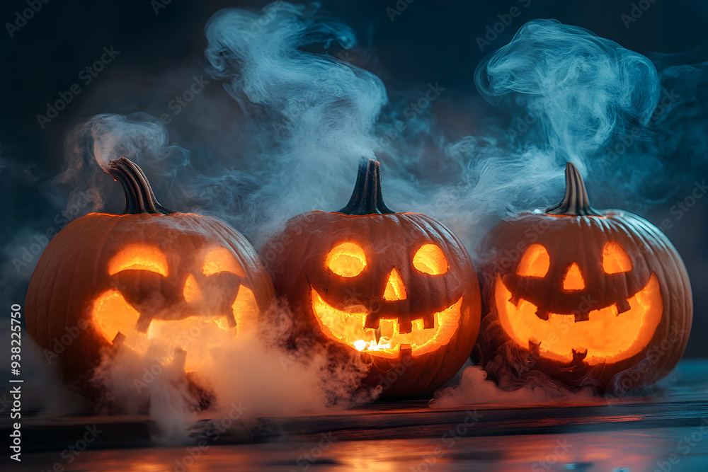 Eerie Jack-o'-Lanterns with Whimsical Smoke, glowing orange faces flickering in the dark, tendrils of smoke curling upwards, creating a haunting Halloween atmosphere Eerie Jack-o'-Lanterns with Whimsical Smoke, glowing orange faces flickering in the dark, tendrils of smoke curling upwards, creating a haunting Halloween atmosphere