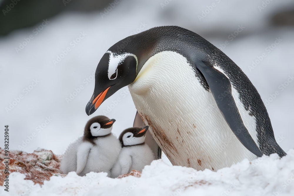 Naklejka premium A gentle penguin caring for two adorable chicks in a snowy landscape, showcasing the beauty of wildlife and family bond.