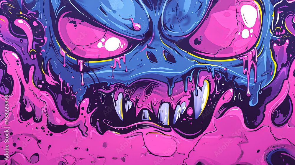 Fototapeta premium hand drawn monster illustration for full print t-shirt design, outline style, hyper maximalism, heavy composition.