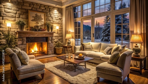 Cozy living room with plush furniture, crackling fireplace, and soft golden lighting, evoking feelings of comfort and tranquility on a chilly winter evening.