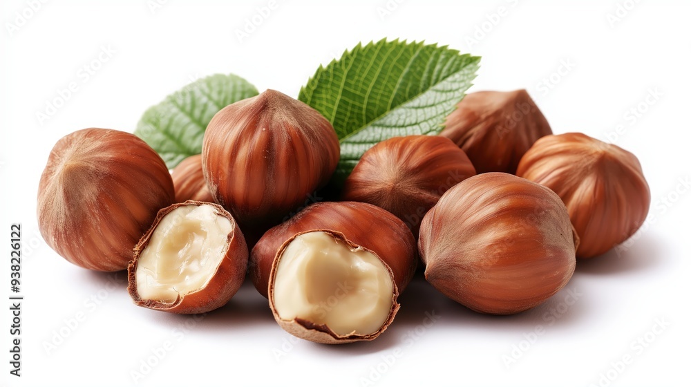 A group of hazelnuts with two halved hazelnuts and a few leaves on a white background. A group of hazelnuts with two halved hazelnuts and a few leaves on a white background.