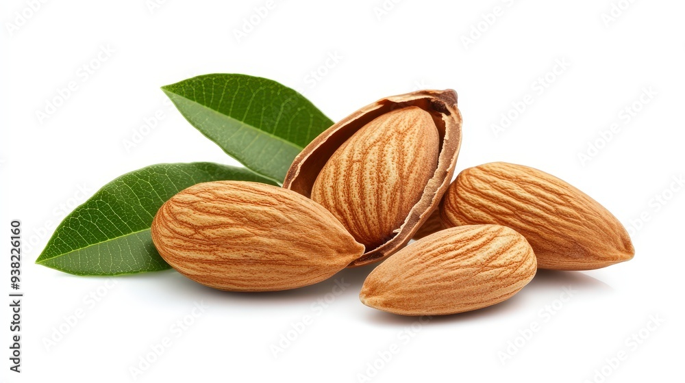 Four almonds with two green leaves isolated on white. Four almonds with two green leaves isolated on white.