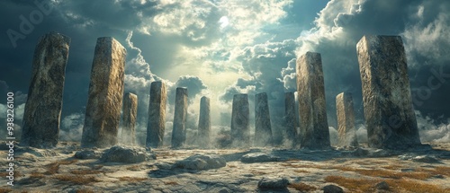 Sacred ancient ruins with towering stone monoliths arranged in a circle under a cloudy sky, shrouded in mystery photo