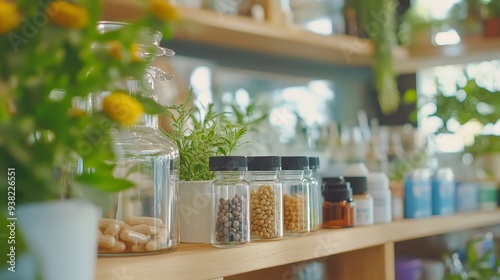 Close-up of glass jars filled with pills and capsules on a wooden shelf in a pharmacy or herbal store.