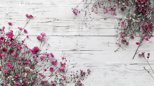 Flowers Composition for Celebration with Pink Plants on Old White Wooden Background. AI generated illustration photo