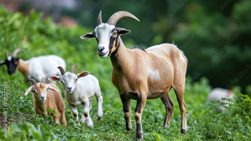 Obraz premium A group of goats grazing peacefully in a lush green landscape, showcasing their natural beauty and playful demeanor.