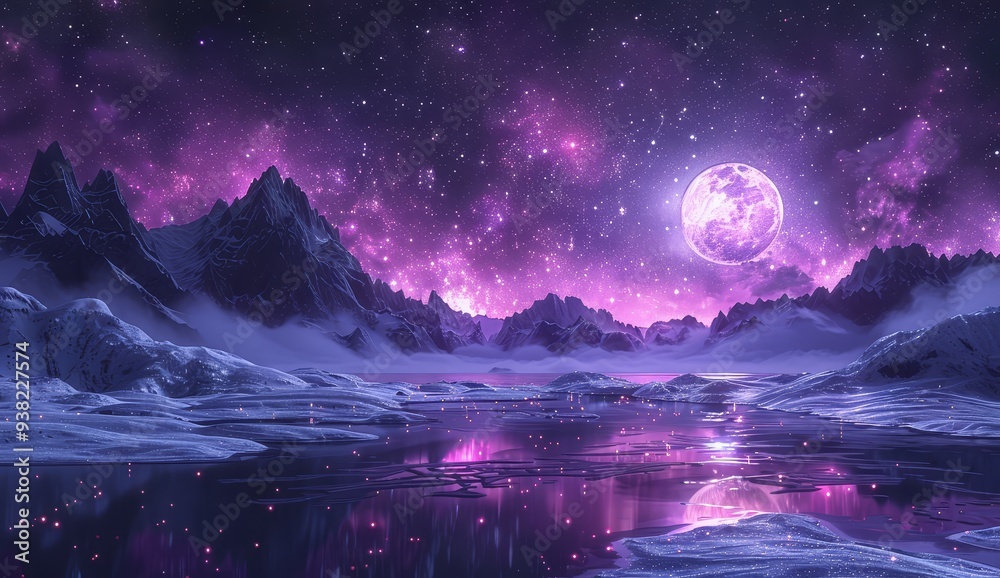 Fototapeta premium A starry sky with purple glowing stars, night time, desert landscape with white sand and black rocks in the background, the moon is shining on top of snowy mountains far away