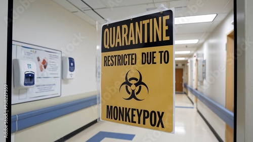 Warning sign with caution symbols and safety instructions, featuring wet floor alert and isolated areas, in yellow, blue, and red colors, alerting about monkeypox quarantine