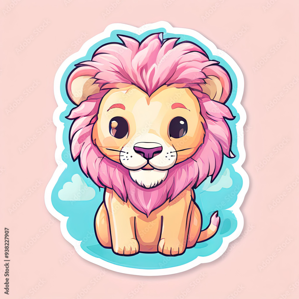 Cute cartoon lion with pink mane, sitting on blue background. Cute cartoon lion with pink mane, sitting on blue background.