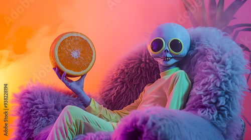 A fashionable alien in a chair with an orange in his hands. photo