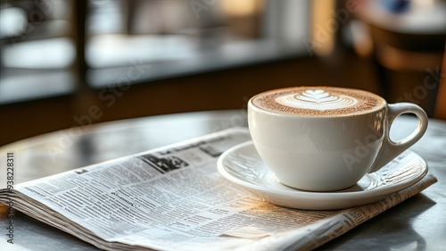 Cup of cappuccino with newspaper on the table, coffee shop background, warm tone