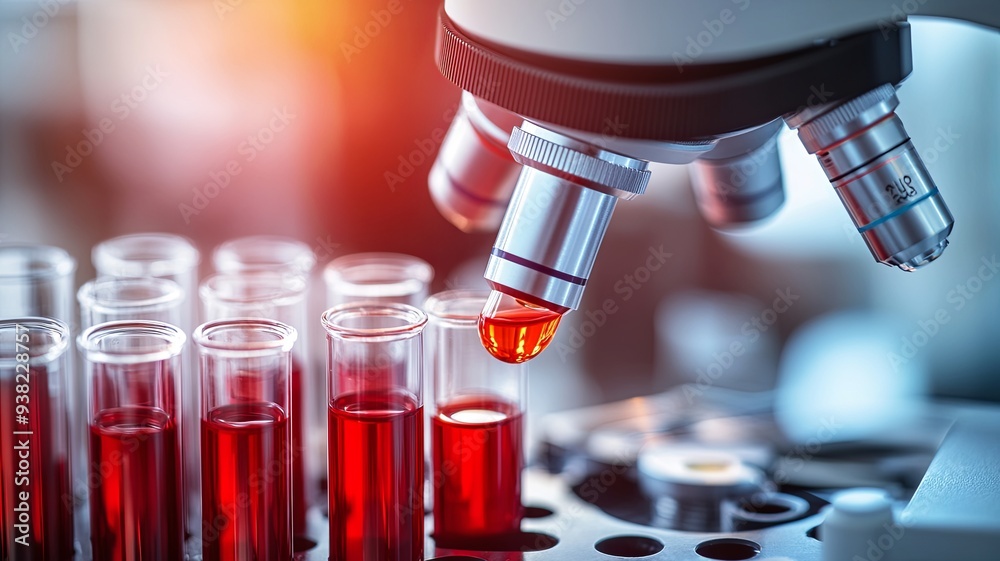 lab technician assistant analyzing a blood sample in test tube at laboratory with microscope. Medical, pharmaceutical and scientific research and development concept. lab technician assistant analyzing a blood sample in test tube at laboratory with microscope. Medical, pharmaceutical and scientific research and development concept.
