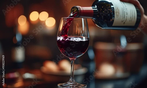  pouring red wine from bottle into glass.