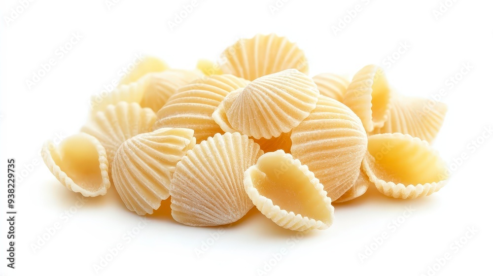 Uncooked Italian pasta shaped like seashells isolated on a white background. Uncooked Italian pasta shaped like seashells isolated on a white background.