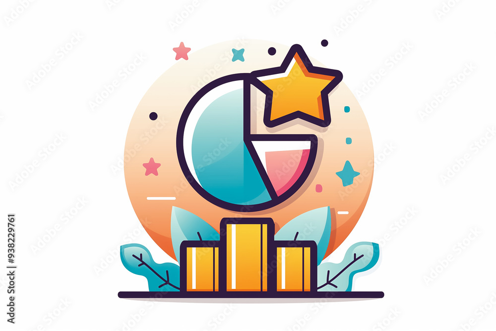 Obraz premium A vibrant pie chart with a star above it highlights data points. Surrounding elements include stylized yellow bars and decorative leaves, creating a cheerful atmosphere