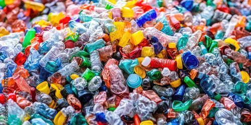 Mountain of crushed colorful plastic bottles forming pollution background