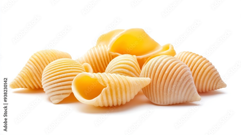 A pile of uncooked conchiglie pasta, isolated on a white background. A pile of uncooked conchiglie pasta, isolated on a white background.