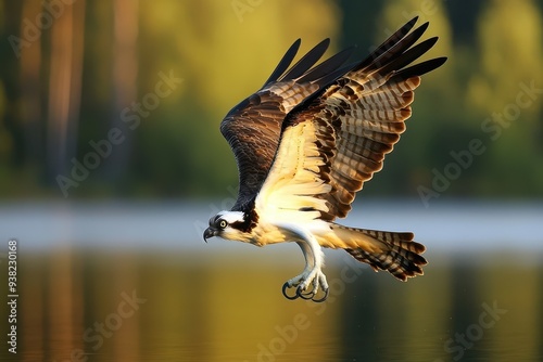 A majestic bird of prey gliding gracefully over a tranquil lake, showcasing its impressive wingspan and sharp talons. photo