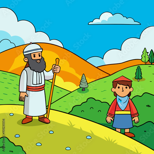 Abraham and Lot on a Hill Overlooking the Valley vector