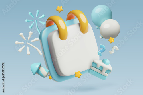 3D birthday event calendar with pastel blue party decorations and copy space for date. Boy's baby shower celebration reminder with cute three dimensional cake, balloons and fireworks.