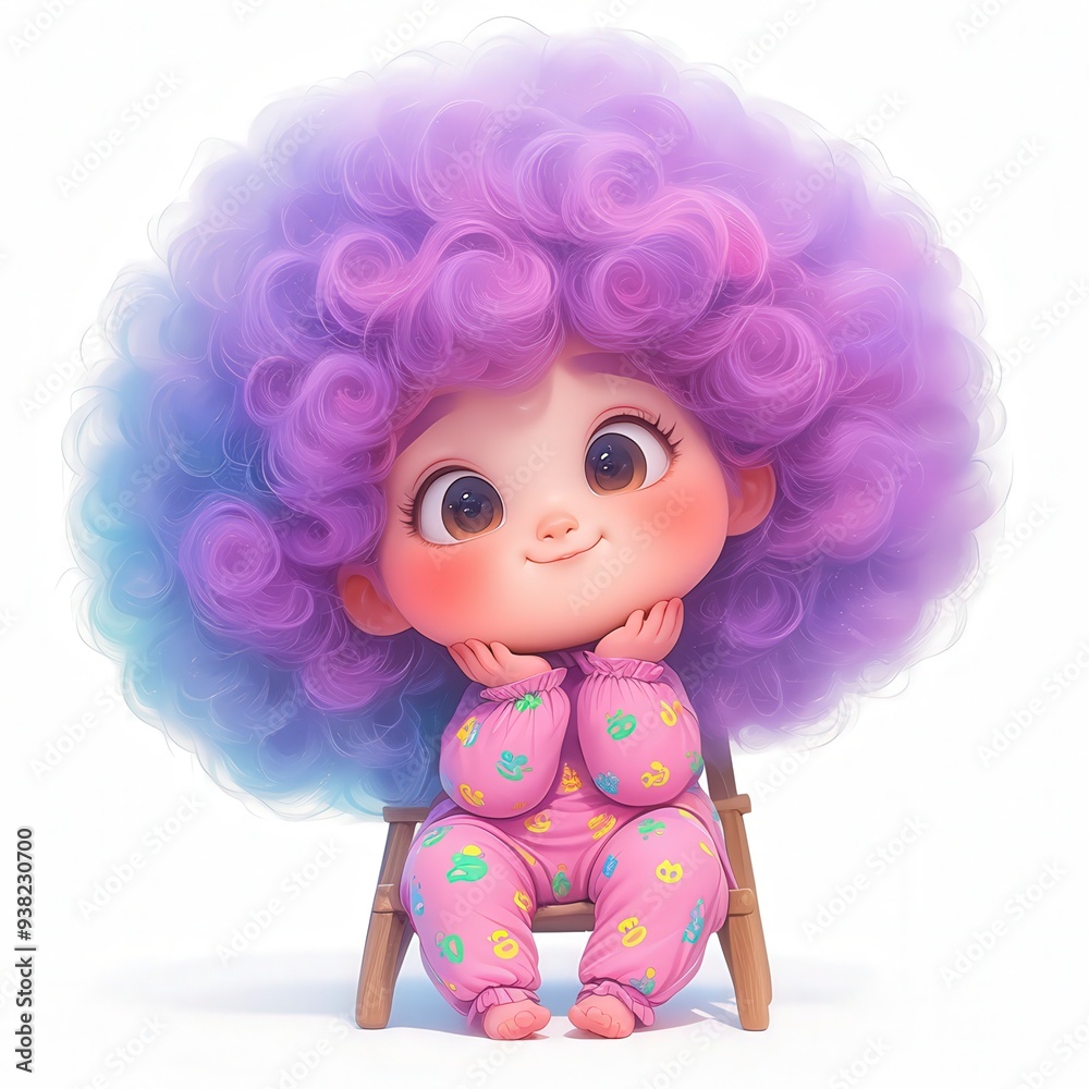 Cute cartoon girl with purple hair sitting on a wooden chair, smiling and looking up. Cute cartoon girl with purple hair sitting on a wooden chair, smiling and looking up.
