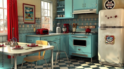 Retro kitchen from the complete with stove refrigerator chrome dinette set percolator toaster bread box and radio photo