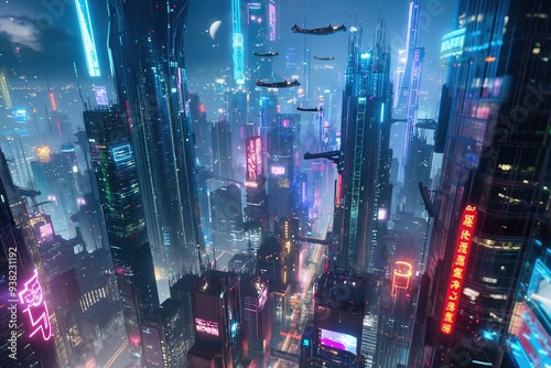 High-tech futuristic cityscape at night with towering skyscrapers and neon lights. Advanced urban infrastructure with flying vehicles and interconnected systems in a cyberpunk atmosphere