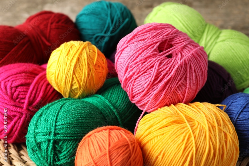Many different yarns on blurred background, closeup Many different yarns on blurred background, closeup
