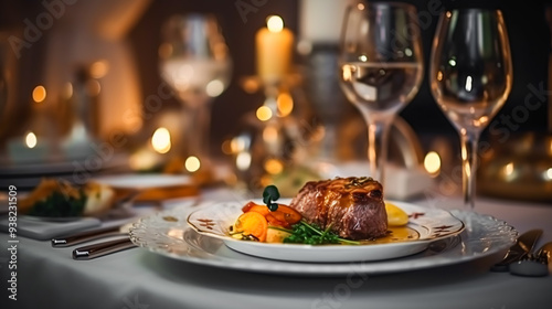 Luxury food service, main course served at a restaurant or formal dinner event in classic English style in the luxurious hotel or country estate, post-processed, generative ai