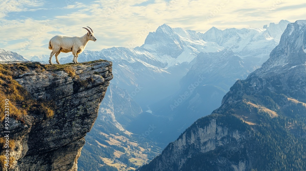 Obraz premium Goat Standing on a Cliff Overlooking Mountains