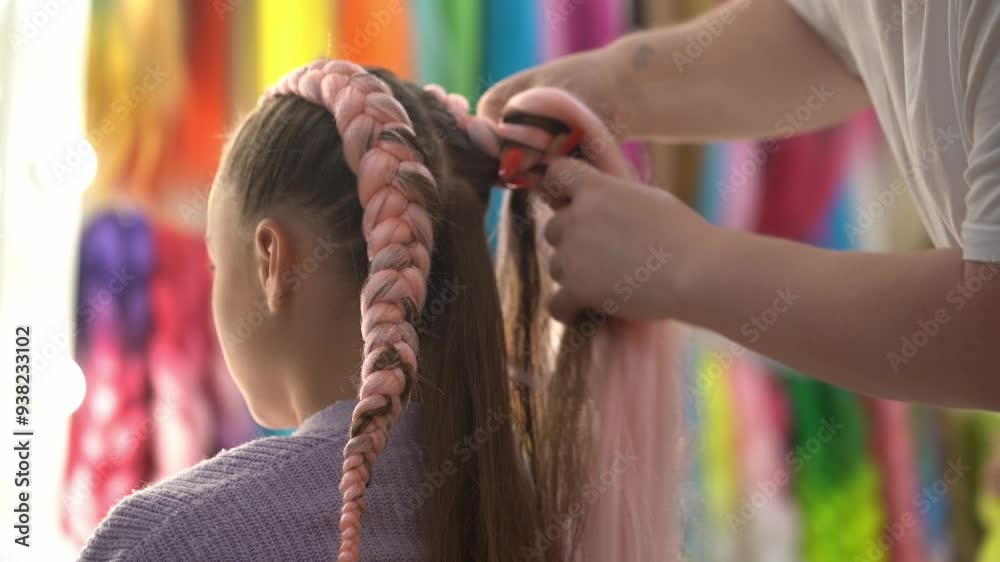 Braiding of kanekalon braids for a girl with blonde hair, rear view ...