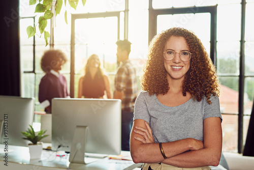 Fotografie Crossed arms, smile and portrait of businesswoman in office for public relations internship