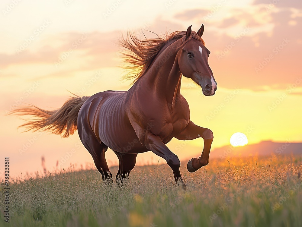 A majestic horse galloping across a vibrant sunset field, showcasing grace and beauty in nature's serene landscape. A majestic horse galloping across a vibrant sunset field, showcasing grace and beauty in nature's serene landscape.