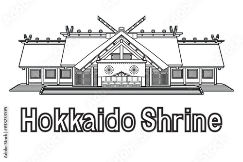 Illustration vector of Hokkaido Shrine famous Shinto shrine in Sapporo Hokkaido Japan drawing in black and white
