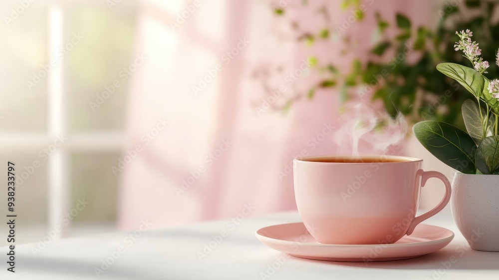 Cozy scene of hot tea on a pale rose-colored saucer, with rich tea contrasting beautifully with soft pink tones. Cozy scene of hot tea on a pale rose-colored saucer, with rich tea contrasting beautifully with soft pink tones.