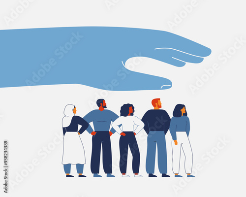 Hand protects people. Leader cares and defends work team. Law and Physical security, protection human rights, interests diversity community. Flat vector illustration
