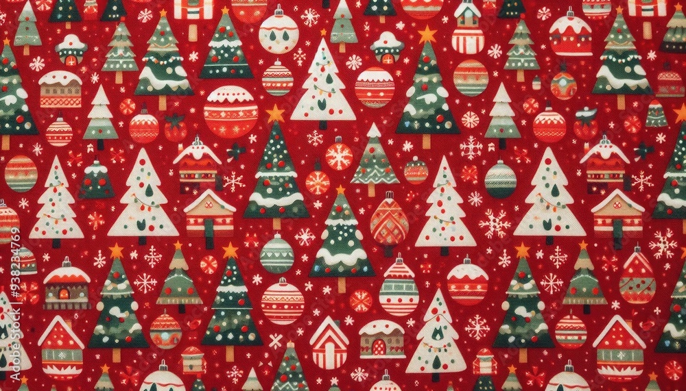 Fototapeta premium High-quality stock photograph of a red Christmas-themed textile featuring a seamless pattern of playful cartoon Christmas trees and festive baubles, displayed in a fabric texture
