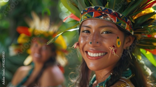 Yagua indigenous community traditional dress in Amazon park. photo