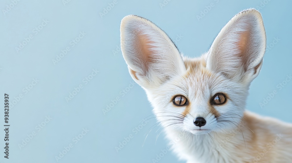 Fototapeta premium A curious Fennec Fox with large ears gazes from behind a pastel blue backdrop, its bright eyes filled with curiosity and wonder in a serene setting