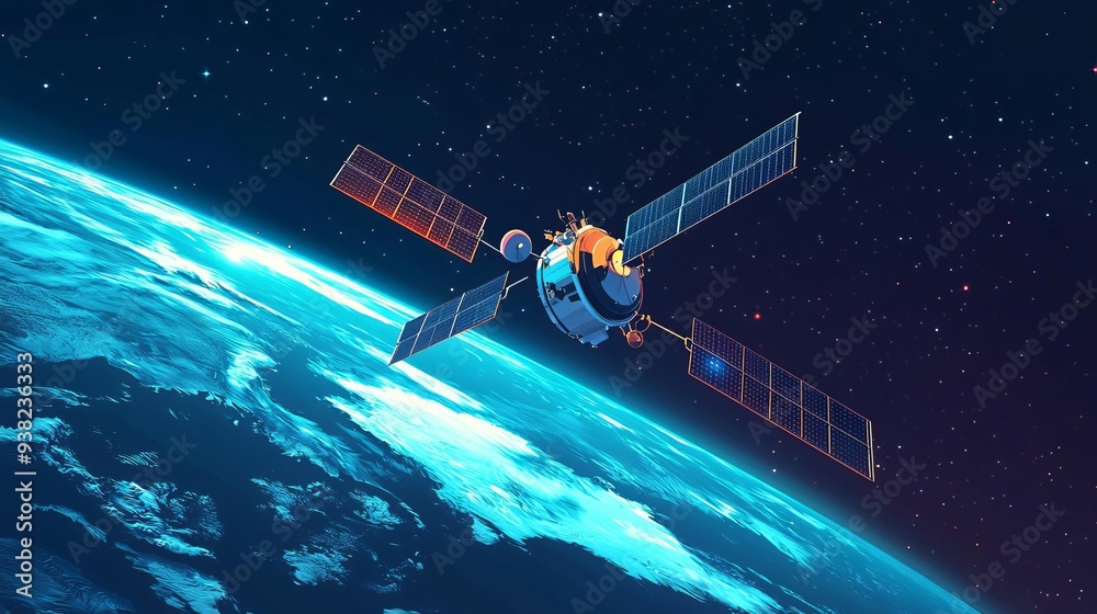 World Space Week missions Satellite orbiting Earth, data transmission concept, flat design illustration World Space Week missions Satellite orbiting Earth, data transmission concept, flat design illustration