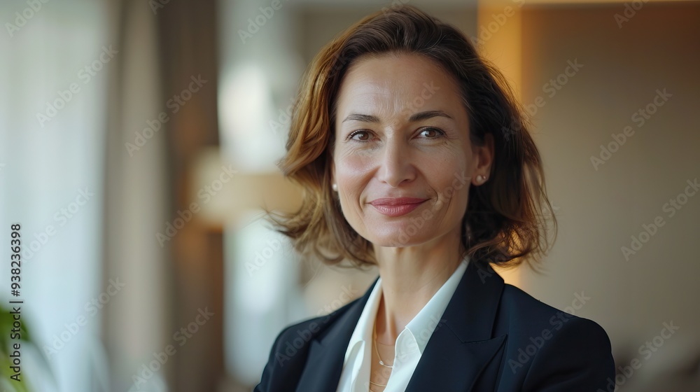 Confident professional woman in power suit smiling indoors. Confident professional woman in power suit smiling indoors.