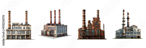 factory building with chimneys  isolated on transparent png background