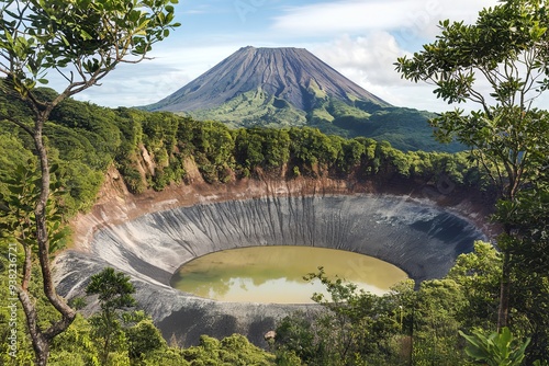 A photo of a typical sleeping volcano nestled among lush greenery photo