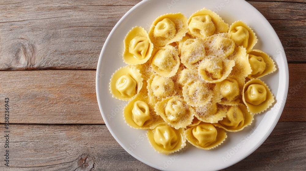 Experience a delightful plate filled with fresh tortellini, elegantly drizzled with melted butter and topped with freshly grated parmesan cheese, ready to enjoy Experience a delightful plate filled with fresh tortellini, elegantly drizzled with melted butter and topped with freshly grated parmesan cheese, ready to enjoy