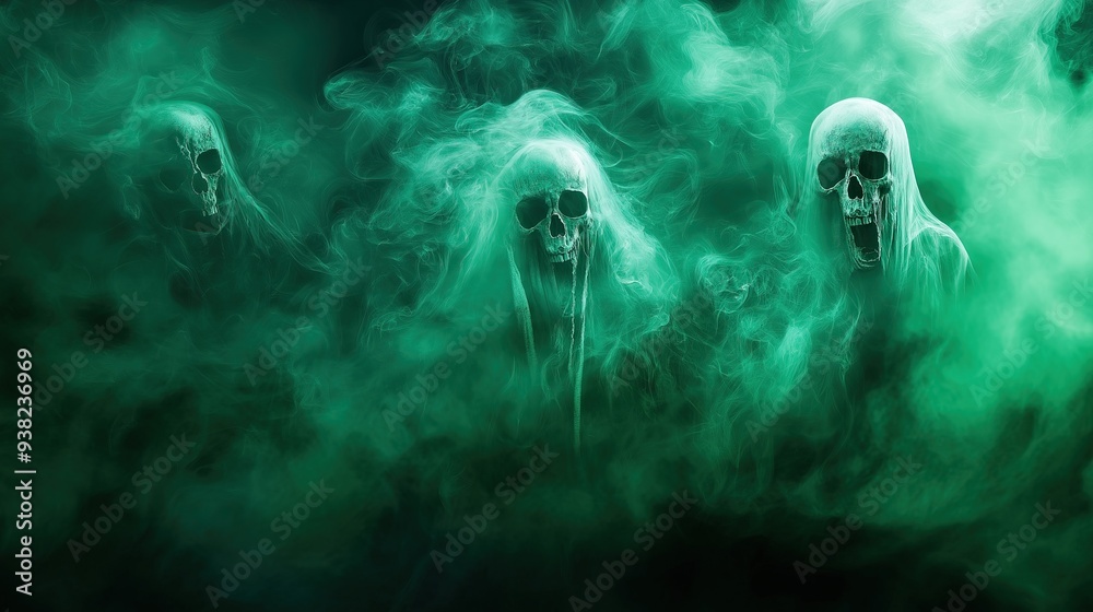Haunting Skulls Emerging from Green Smoke, Spine-Chilling Halloween Scene, Spectral Fog and Eerie Skull Imagery, Ghostly Vapor with Mysterious Skulls, Dark Fantasy Horror Visuals Haunting Skulls Emerging from Green Smoke, Spine-Chilling Halloween Scene, Spectral Fog and Eerie Skull Imagery, Ghostly Vapor with Mysterious Skulls, Dark Fantasy Horror Visuals