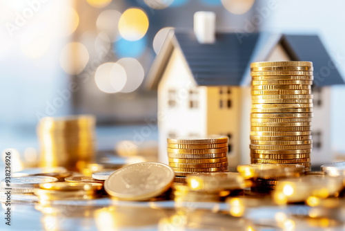 Miniature houses sit among stacks of coins, symbolizing the importance of saving and investing in real estate for future financial stability and growth photo