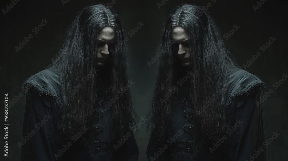 Symmetrical portrait of a man with long black hair dressed in dark attire, standing before the camera amidst a mysterious atmosphere with intriguing mirror reflections enhancing the dramatic effect.
Symmetrical portrait of a man with long black hair dressed in dark attire, standing before the camera amidst a mysterious atmosphere with intriguing mirror reflections enhancing the dramatic effect.