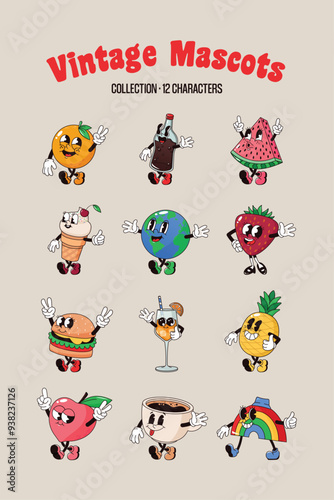 Vintage Groovy Mascot Collection Orange Cola Watermelon Ice Cream Earth Strawberry Burger Aperol Pineapple Peach Espresso Rainbow