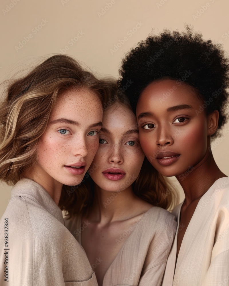 Obraz premium Portrait of Unity: Three Women of Diverse Ethnic Backgrounds Embracing Harmony