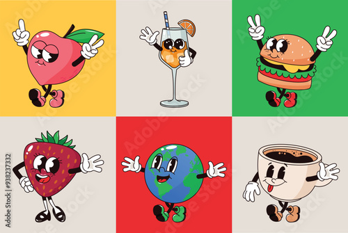 Six Vintage Groovy Mascot Collection Peach Aperol Burger Strawberry Earth Espresso